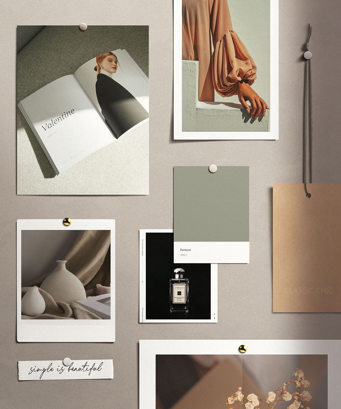 Logodesign-Corporate-Identity-moodboard_ricarts verschiedene-Bilder-sind-an-eine-Wand-gepinnt