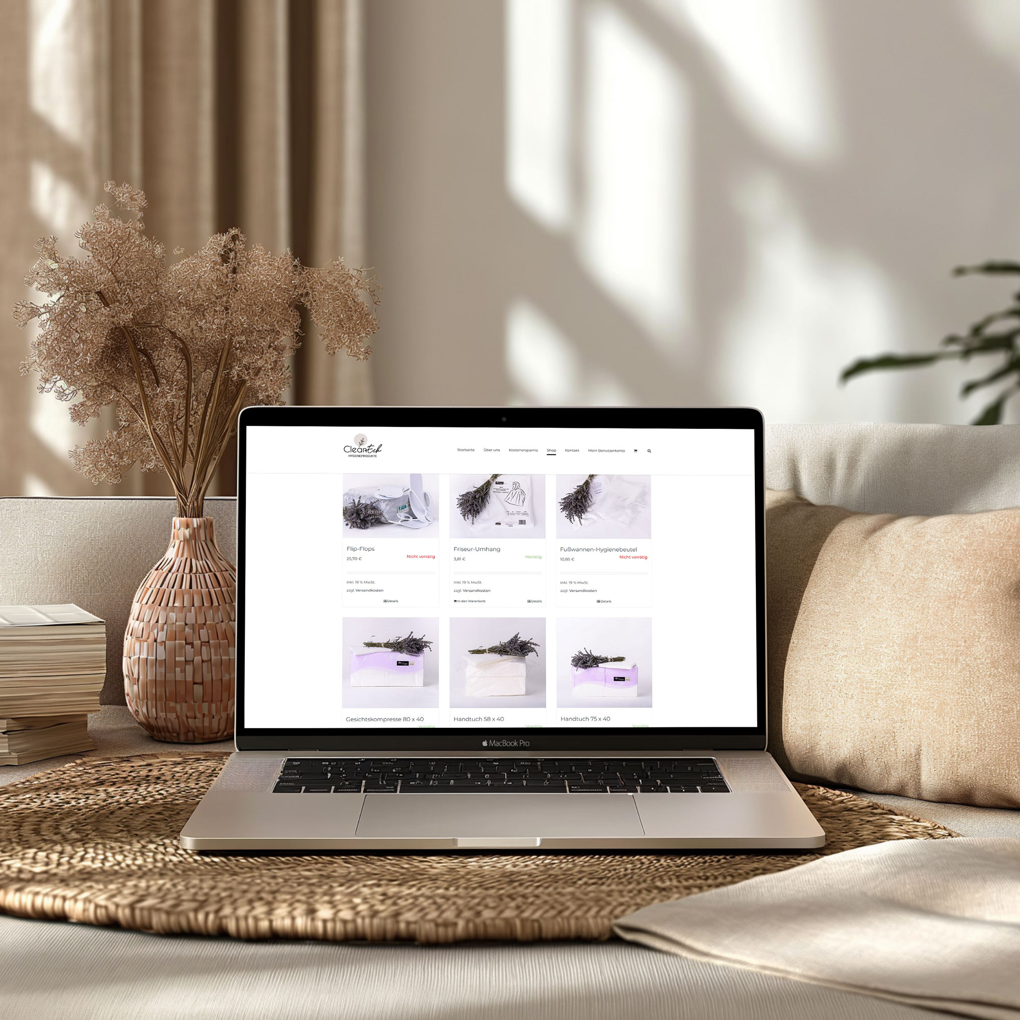 Webdesign-Laptop auf Couch zeigt Onlineshop-Website zur Präsentation