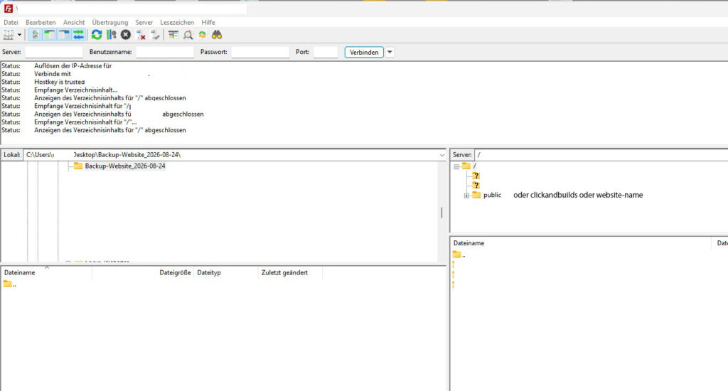 Ansicht Ftp-Programm Filezilla mit der Verzeichnisstruktur bei der Datenübertragung zur Erstellung eines Backups einer Website